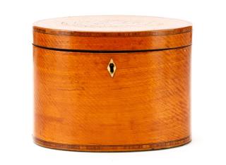 Appraisal: Oval George III Satinwood Shell Inlaid Tea Caddy English early