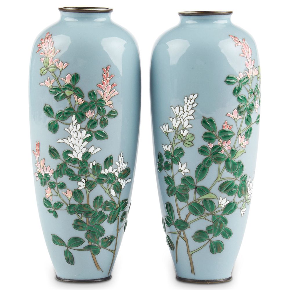 Appraisal: Pair of Moriage Japanese Cloisonne Enamel Vases Pair of Japanese