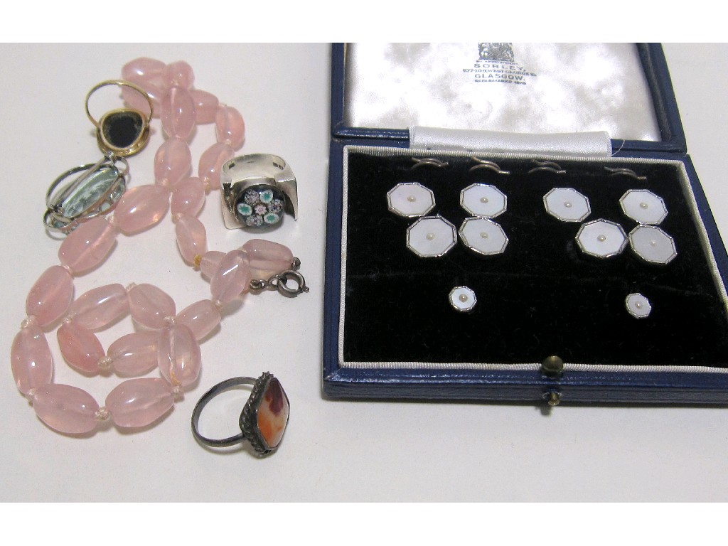 Appraisal: Lot comprising boxed set of MOP buttons rose quartz necklace