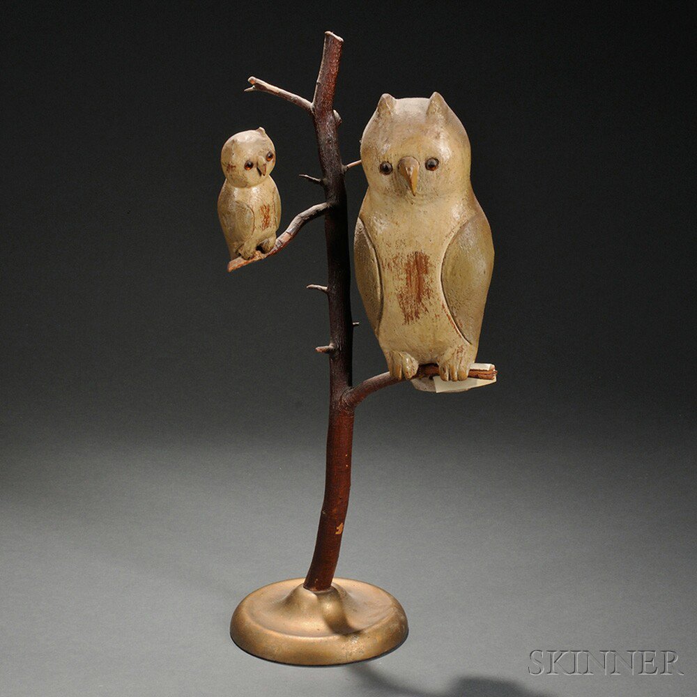 Appraisal: Two Painted and Carved Owl Figures on a Branch America