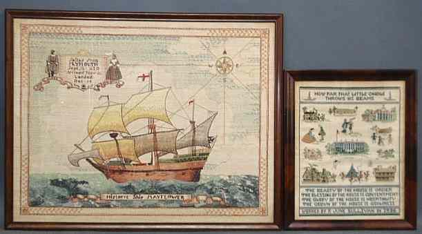 Appraisal: Framed needlework The Historic Ship Mayflower x and a sampler