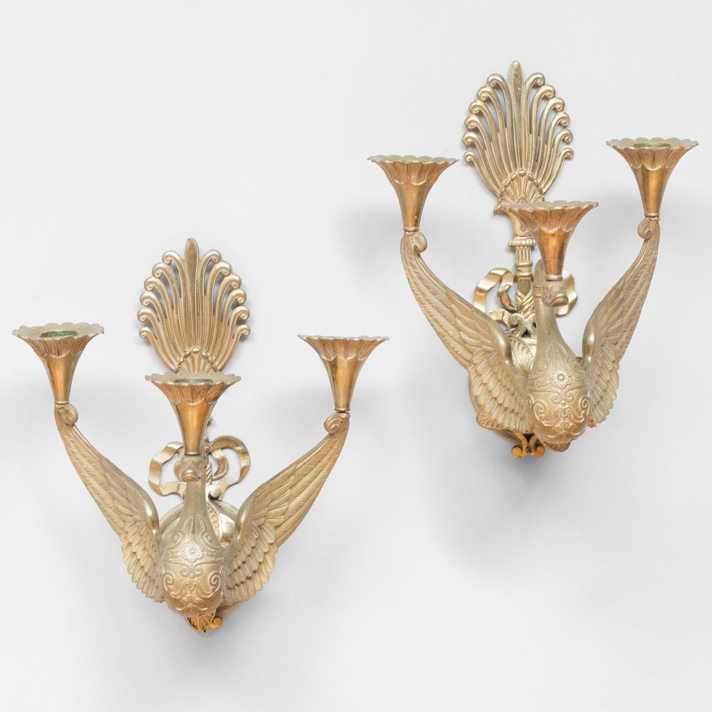 Appraisal: Pair of Empire Style Ormolu Three-Light Sconces x x in