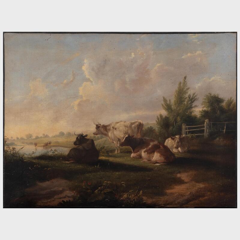 Appraisal: European School Cows at Pasture Oil on canvas unsigned lined