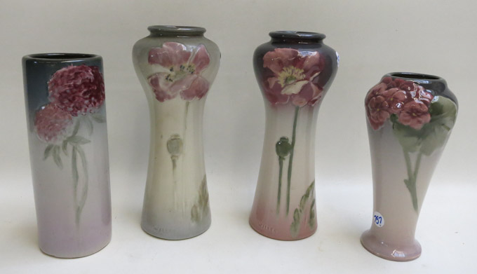 Appraisal: FOUR WELLER ART POTTERY VASES in various high-glazed floral patterns