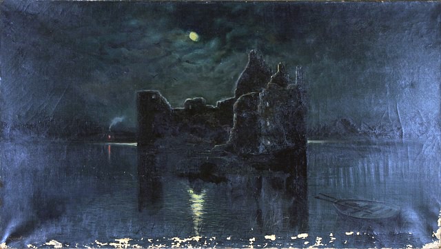 Appraisal: Night scene with ruins surrounded by water oil on canvas