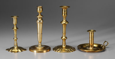 Appraisal: Four brass candleholders one with tapered column French th century