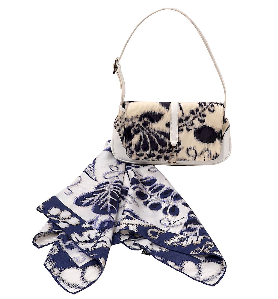 Appraisal: Gucci White Leather Blue Floral Handbag Scarf Gucci White Leather