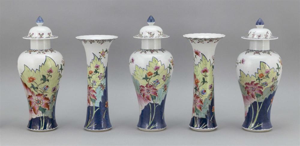 Appraisal: CHINESE EXPORT TOBACCO LEAF PORCELAIN FIVE-PIECE GARNITURE SET th Century