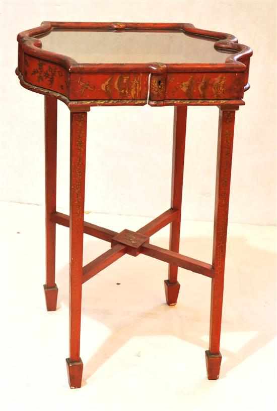 Appraisal: A Chinoiserie red lacquered necessaire The glazed hinged rectangular top