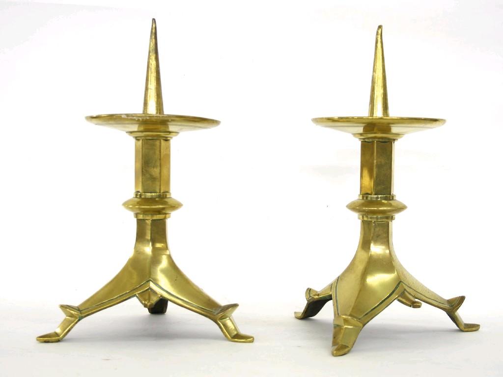 Appraisal: Pair of unusual Continental brass pricket candlesticks the wide drip