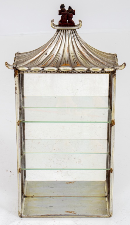 Appraisal: HOLLYWOOD REGENCY CHINOISERIE SILVER WALL VITRINE Hollywood regency chinoiserie silver-leaf