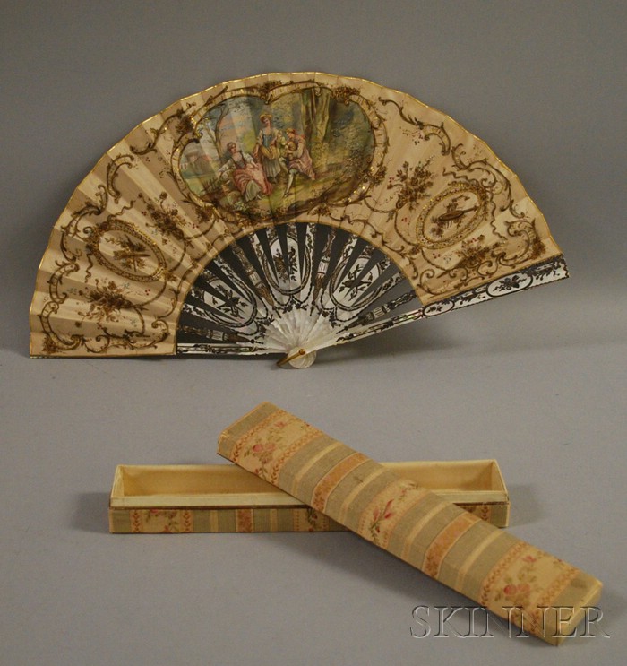 Appraisal: th Century French Mother-of-pearl and Fabric Fan with paint-enhanced lithographed