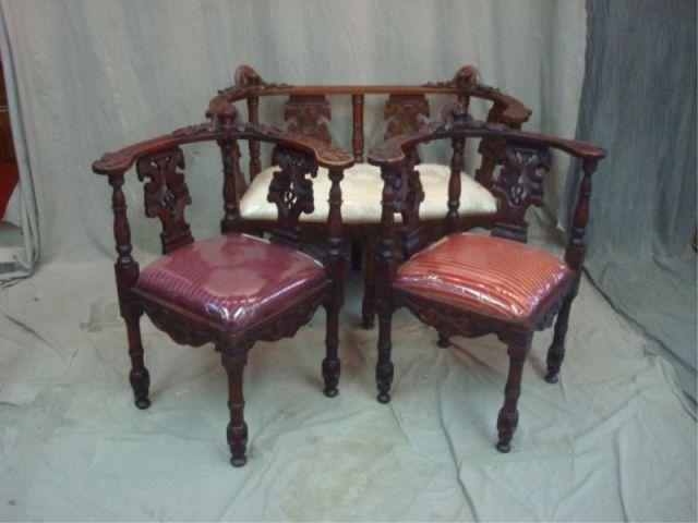 Appraisal: Mahogany Carved Bench Chairs with Heads From a Greenwich CT