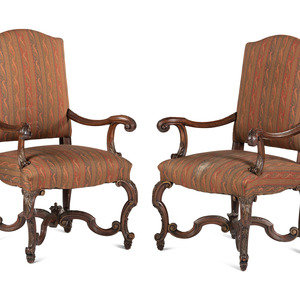 Appraisal: A Pair of Louis XV Style Carved Walnut Fauteuils th