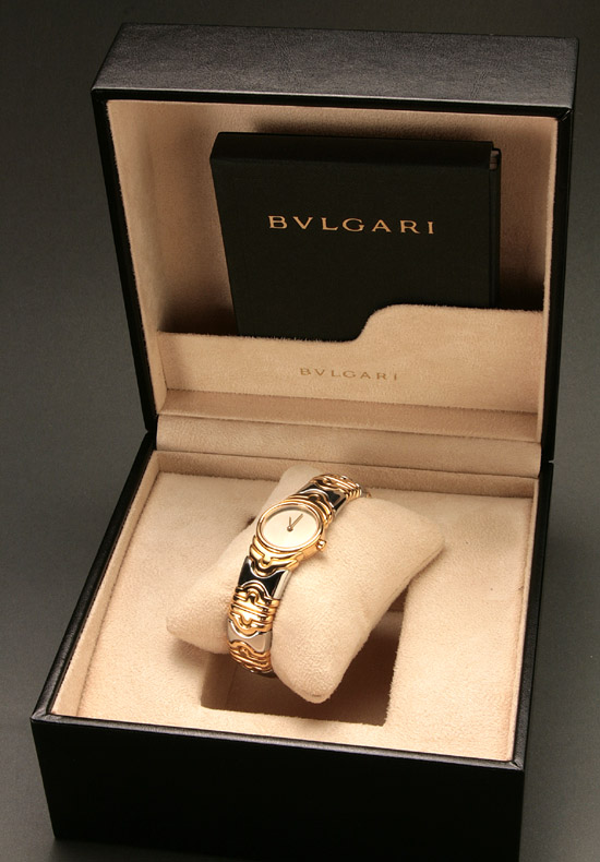 Appraisal: Lady's -Karat Yellow-Gold and White-Gold Quartz Two-Tone Cuff Wristwatch Bulgari