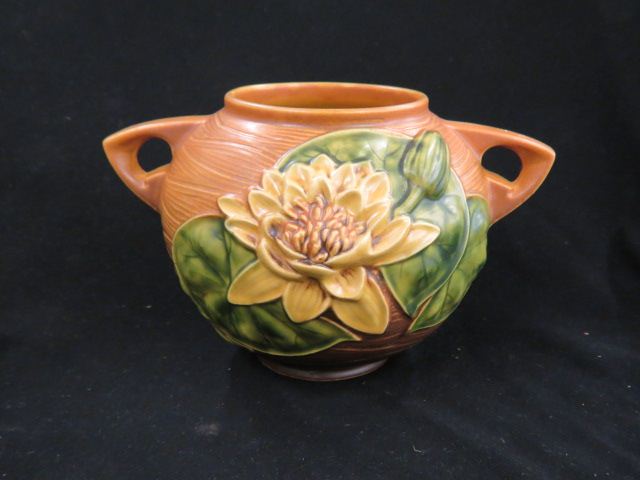 Appraisal: Roseville Water Lily Art Pottery Vase handled brown - excellent