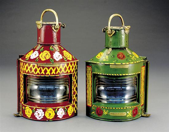 Appraisal: Pair English ship's lanterns metal with brass fittings with corner