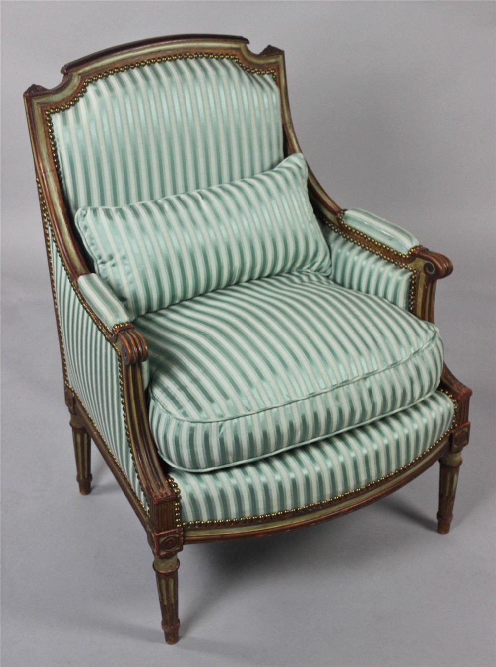 Appraisal: LOUIS XVI STYLE PAINT DECORATED AND UPHOLSTERED BERGERE having a