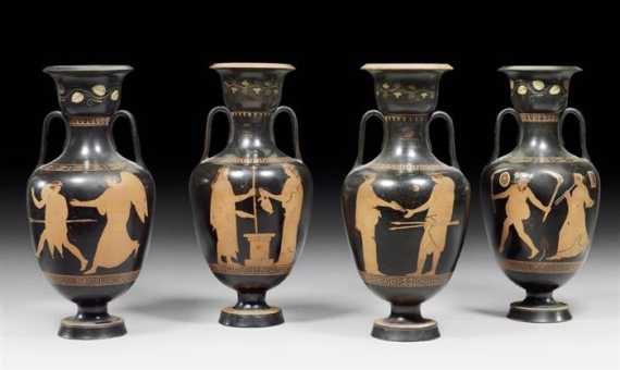 Appraisal: SET OF PAINTED VASES late Empire after designs from Greek