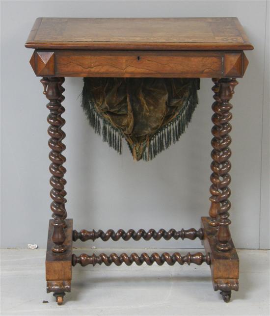 Appraisal: th century rosewood and parquetry sewing table the hinged top