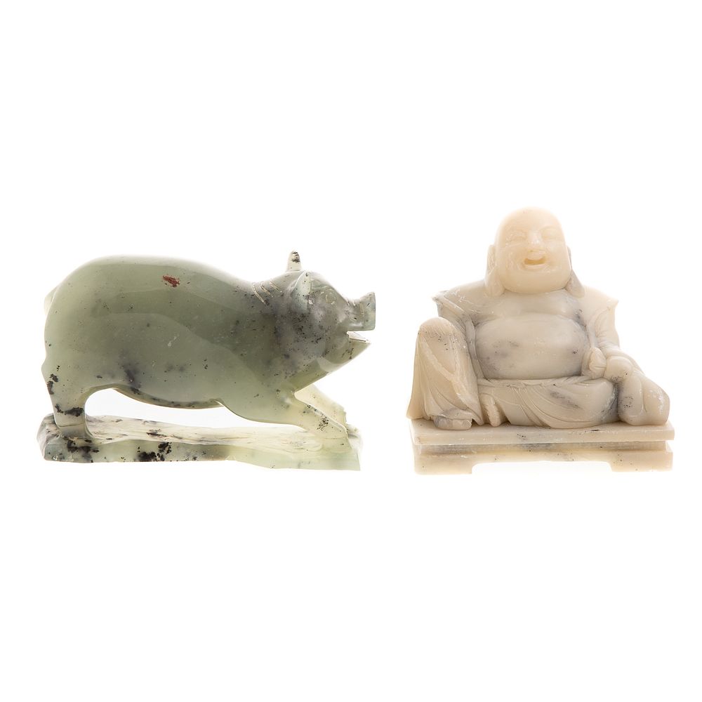 Appraisal: Chinese Carved Jade Hardstone Figures Green jade standing pig in