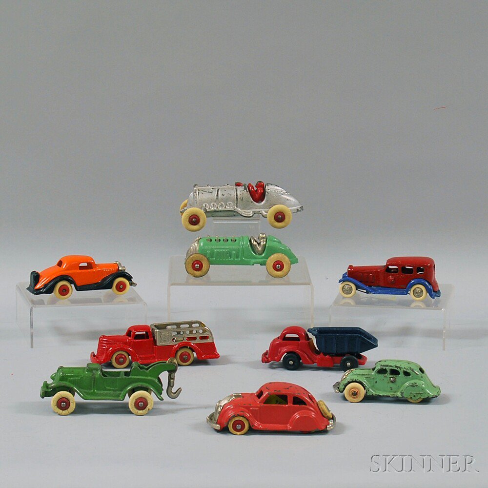 Appraisal: Nine Painted Cast Iron Toy Cars Trucks and Race Cars