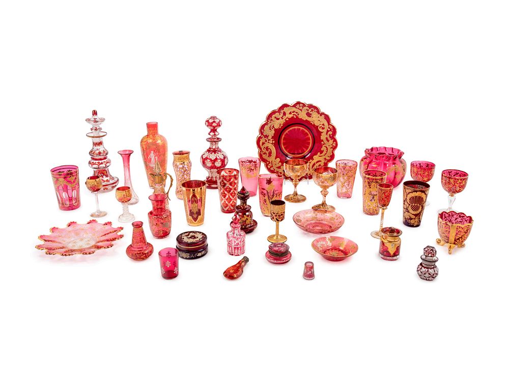 Appraisal: A Collection of Continental Gilt Decorated Ruby Glass Articles A