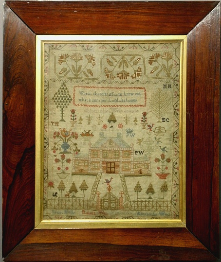 Appraisal: - English silk on linen sampler th c Alexander Weir---