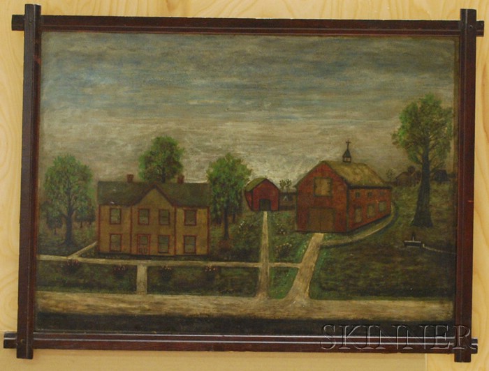 Appraisal: th th Century Folk Painted Oil on Panel View of