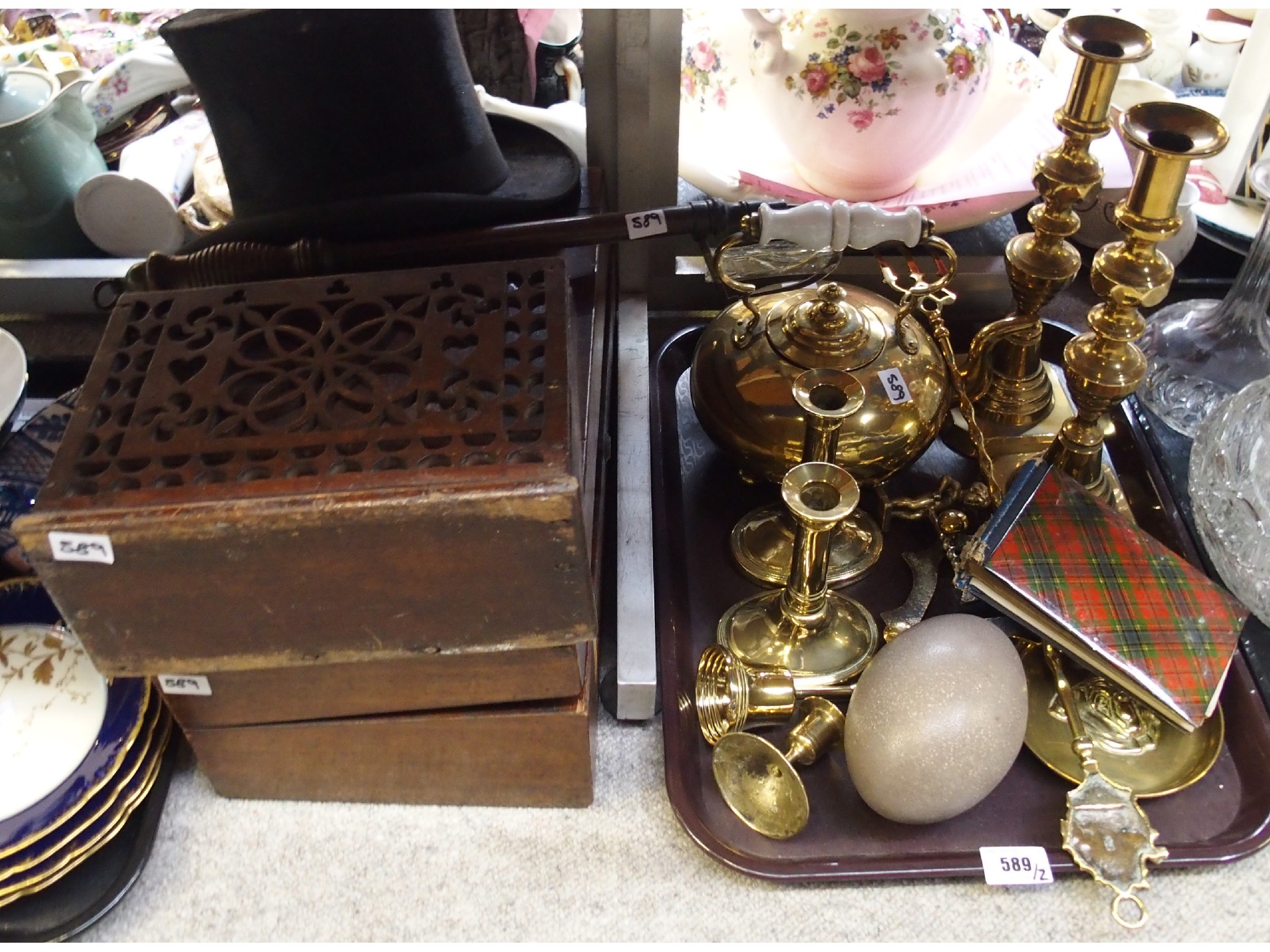 Appraisal: Tray comprising various brasswares including candlesticks teapot etc with a