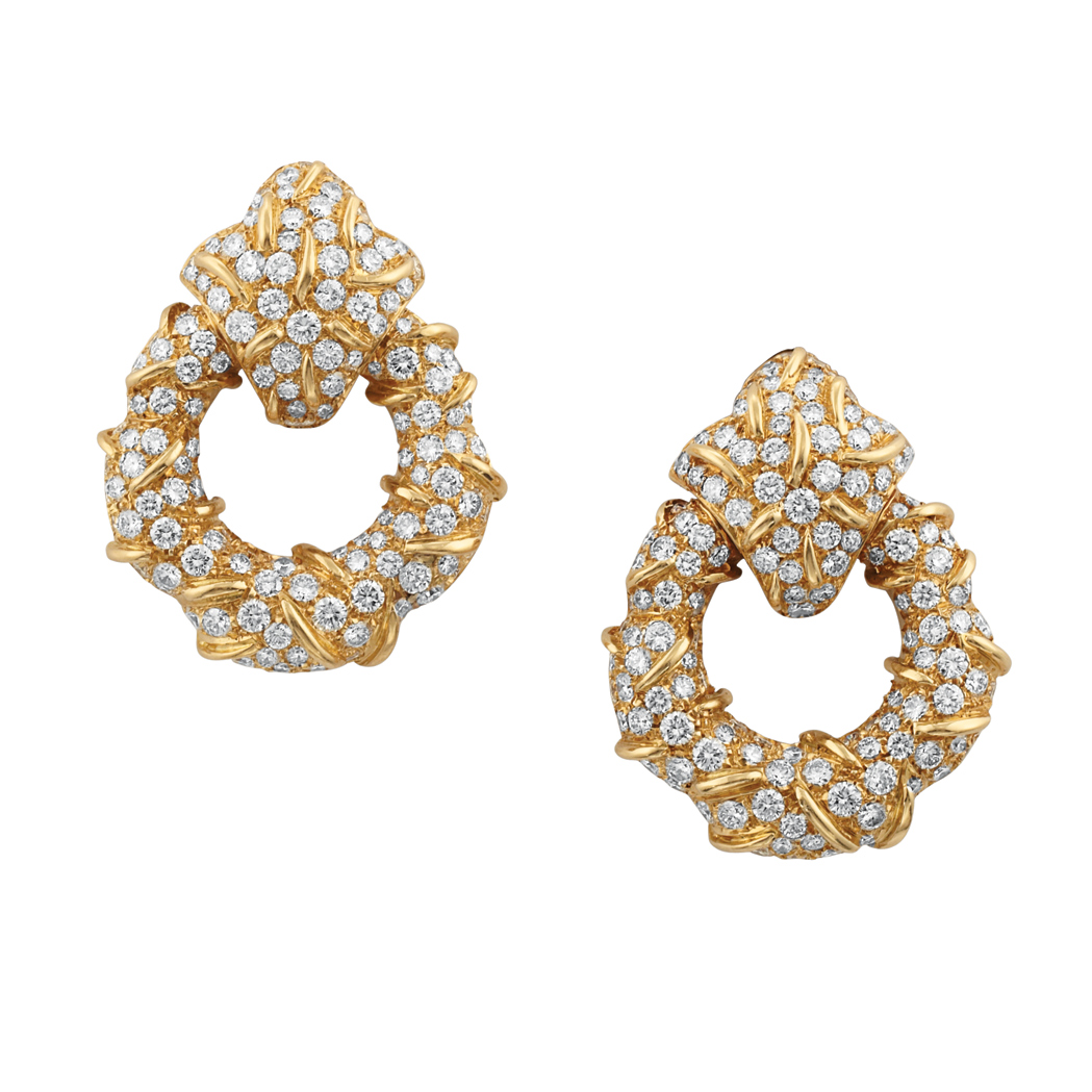 Appraisal: Pair of Gold and Diamond Doorknocker Earclips kt pave-set with