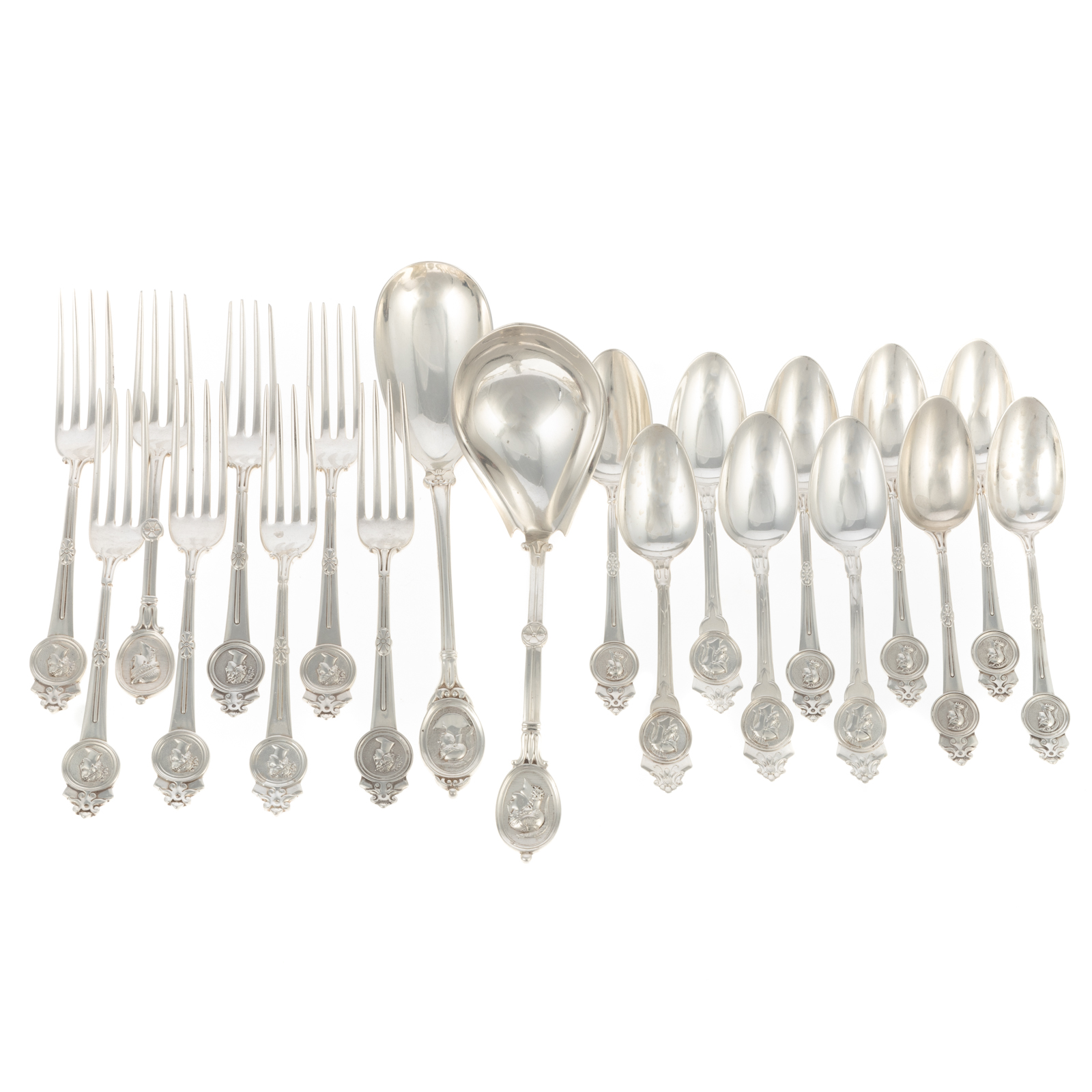 Appraisal: GROUP STERLING COIN SILVER MEDALLION FLATWARE Including seven Gorham sterling