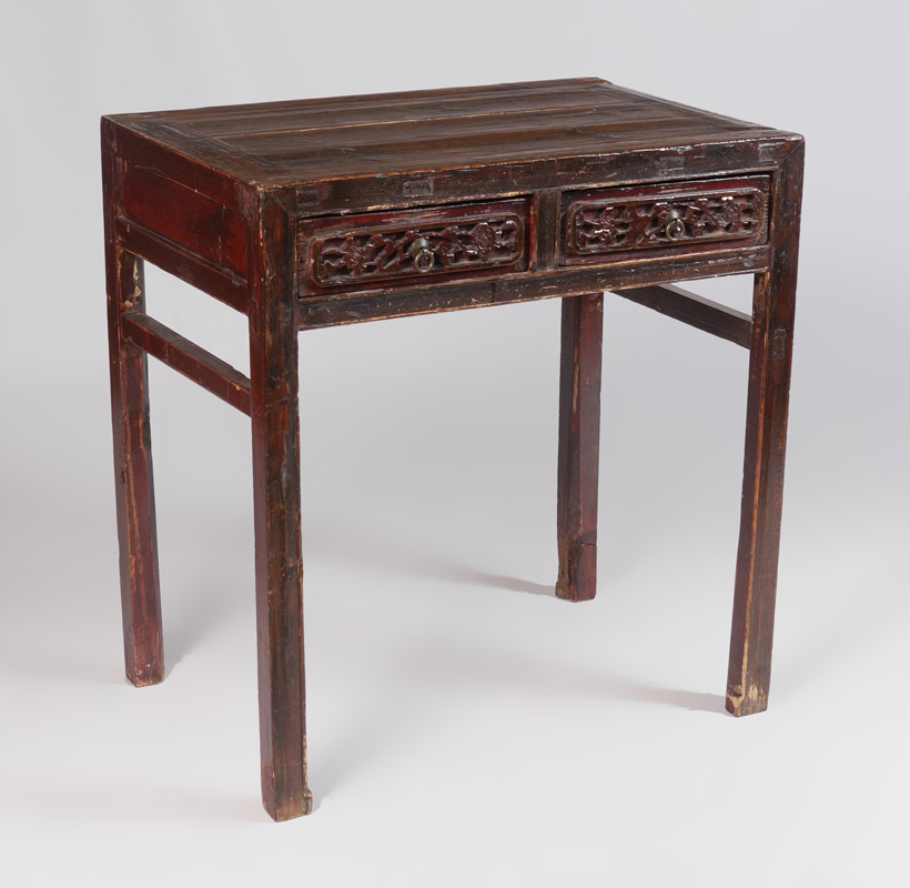 Appraisal: EARLY CARVED CHINESE DRAWER WORK TABLE Through tenon construction drawers