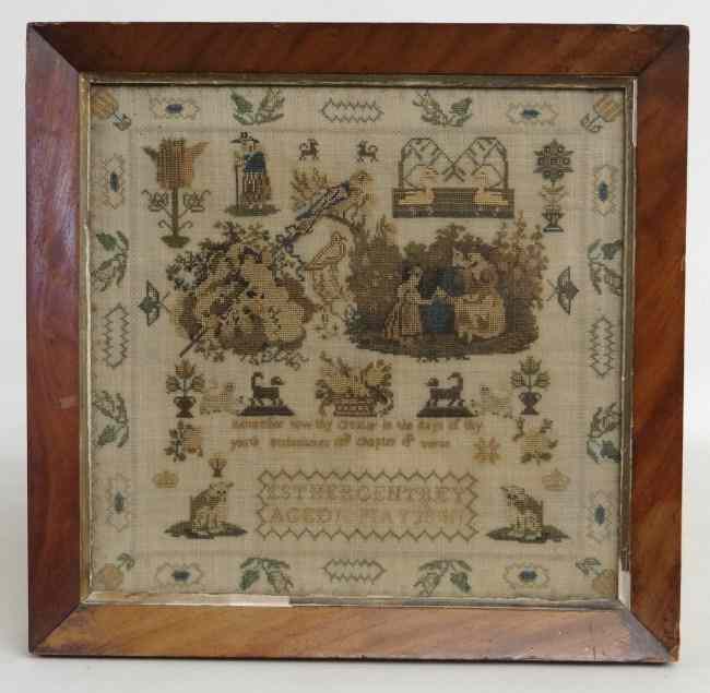 Appraisal: th c needlework sampler ''Esther Centrey Aged May '' sight