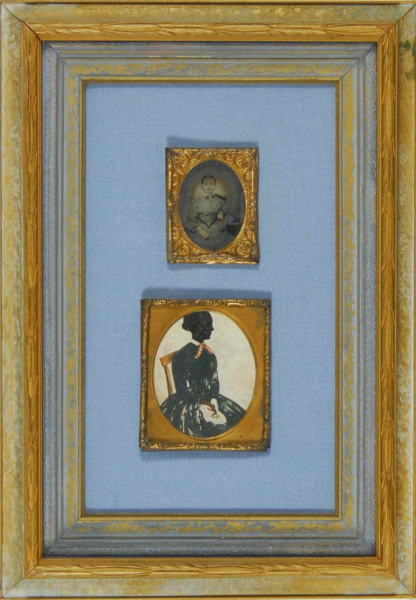 Appraisal: TWO FRAMED ITEMS th CenturyTwo oval silhouettes of women framed