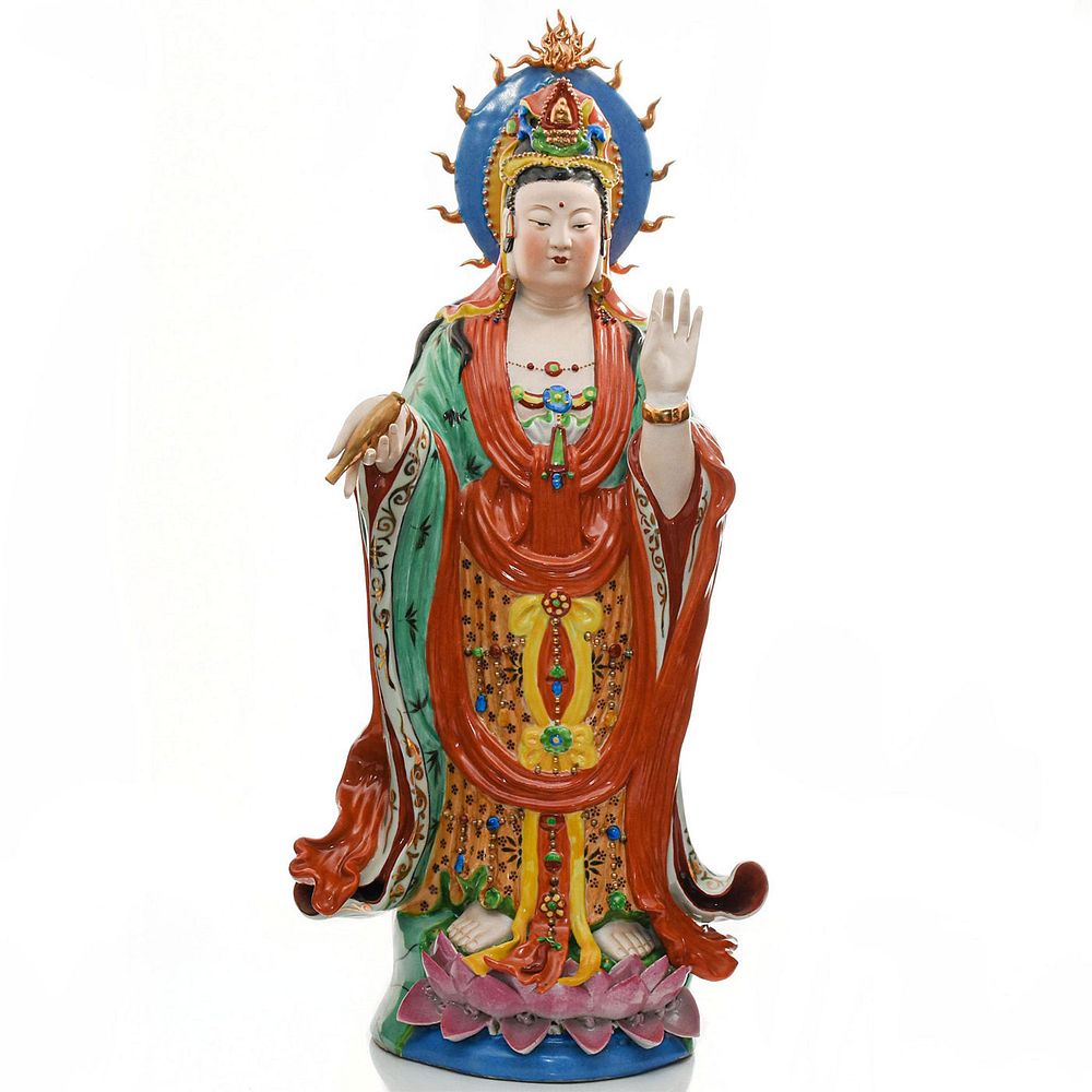 Appraisal: MONUMENTAL ASIAN PORCELAIN BODHISATTVA FIGURE GUAN YIN Lotus bloom base