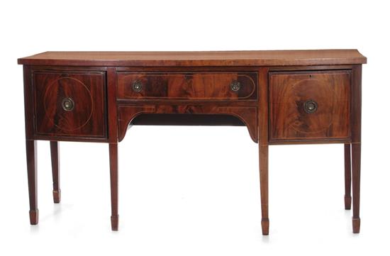 Appraisal: English inlaid mahogany bowfront sideboard circa inlaid shaped top drawer