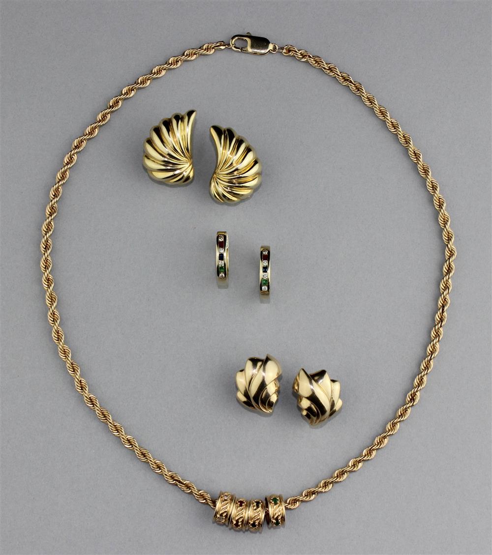 Appraisal: K YELLOW GOLD NECKLACE WITH THREE PAIRS OF K YELLOW