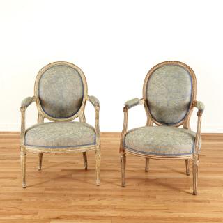 Appraisal: Harlequin pair Louis XVI gray painted fauteuils Harlequin pair Louis