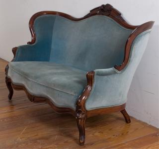 Appraisal: Victorian Parlor Triple Crest Settee Victorian style blue upholstered high