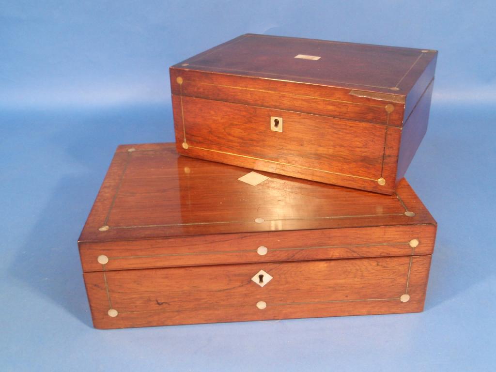 Appraisal: Two Victorian rosewood work boxes with mother of pearl inlay