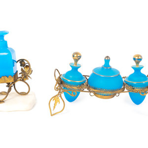 Appraisal: Two Gilt Metal and Blue Opaline Glass Dresser Sets th