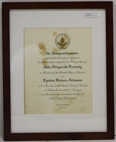 Appraisal: JOHN F KENNEDY AND LYNDON BAINES JOHNSONINVITATION TO THEIR INAUGURATION