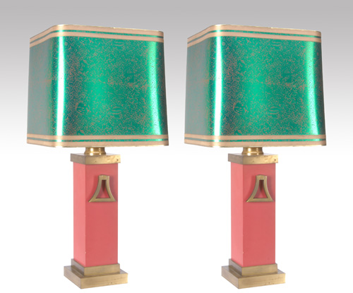 Appraisal: JAMES MONT Pair of single-socket red enameled metal table lamps