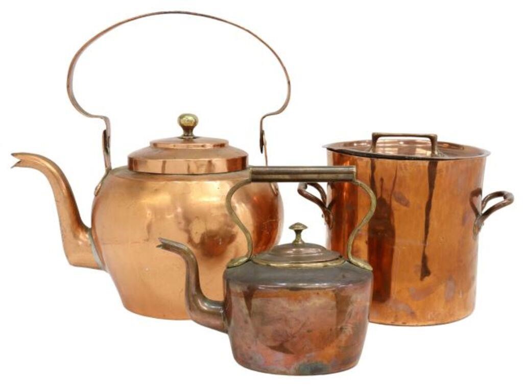 Appraisal: lot of French copper kitchenware including copper and brass lidded