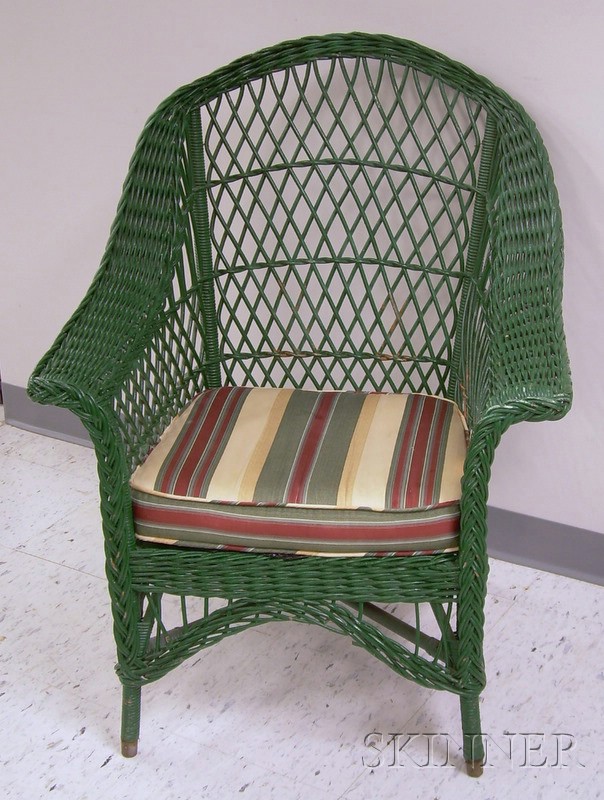 Appraisal: Green-painted Woven Wicker Armchair