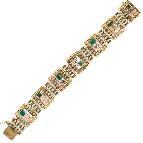 Appraisal: BICOLOR K GOLD EMERALD AZTEC LINK BRACELET Seven gate links