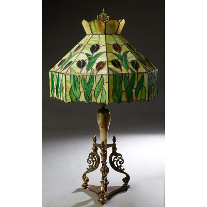 Appraisal: Unusual Large Slag Glass and Onyx Table Lamp with an