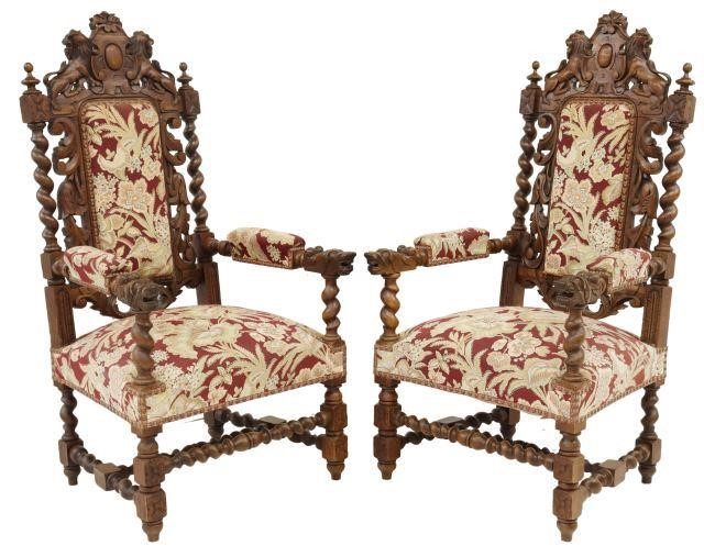 Appraisal: pair French Renaissance Revival oak armchairs early th c carved