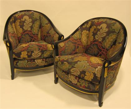 Appraisal: Two large black lacquered arm chairs th century With floral